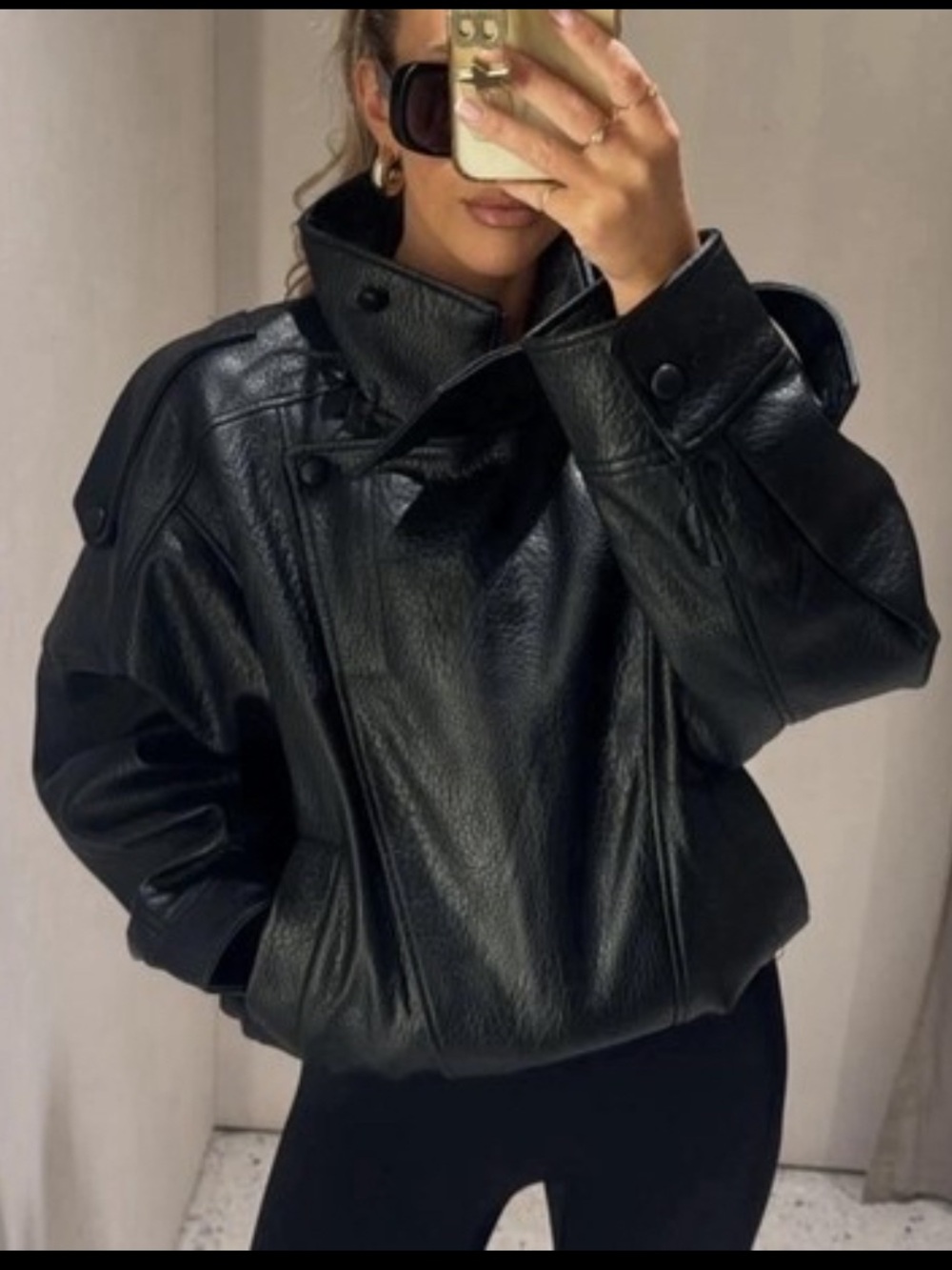 Black Oversized Faux Leather Jacket - Women